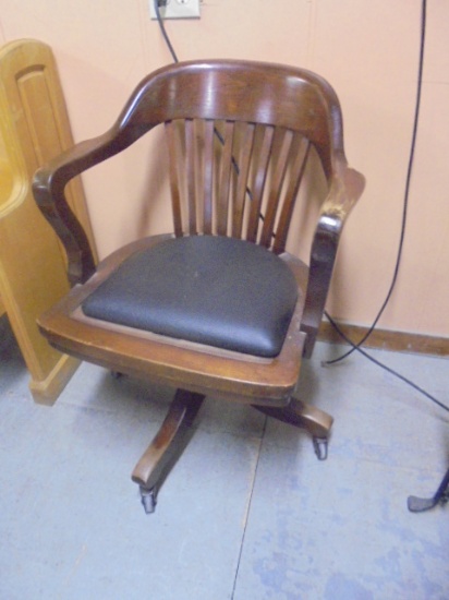 Antique Wooden Rolling Office/Desk Chair w/ Leather Seat