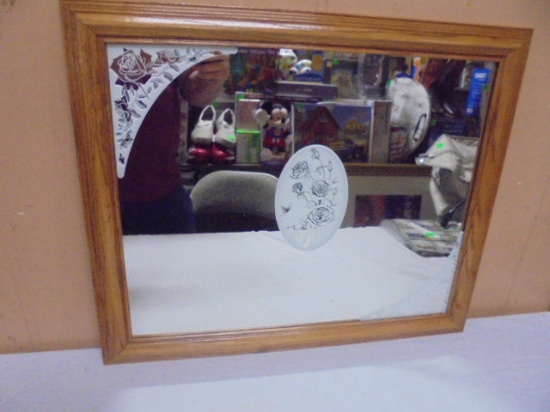 Etched Glass Oak Framed Wall Mirror