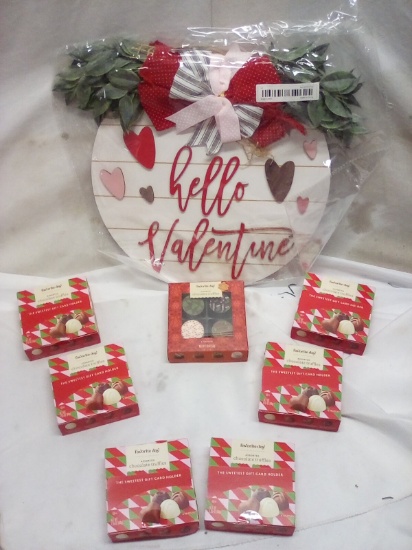 Hello Valentine Decorative Sign & 7- 4 Packs of Assorted Chocolate.