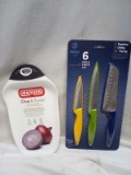 Chop & Scoop Cutting Board & 6 Piece Knife Set. 3 Knives & 3 Covers.