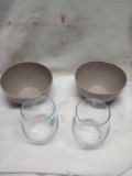 Threshold Shatterproof Stemless Wine Glasses Qty 2 & Cereal Bowls.