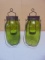 2 Green Glass Quart Jar Tealight Candle Jars w/ Flameless Candles
