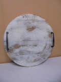 Round Whitewashed Metal Handled Wooden Serving Tray