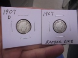 1907 D Mint & 1907 Silver Barber Dimes