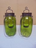 2 Green Glass Quart Jar Tealight Candle Jars w/ Flameless Candles