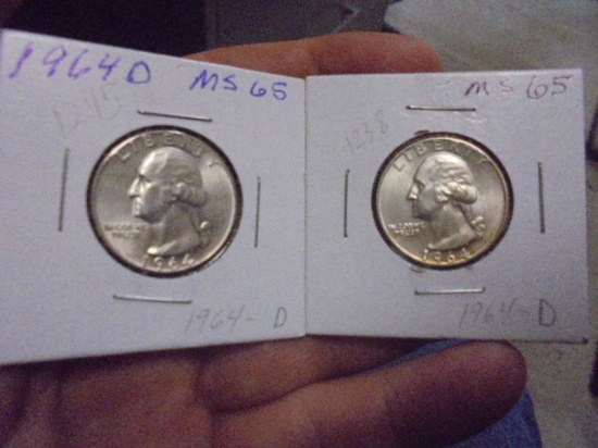 (2) 1964 D-Mint Silver Washington Quarters