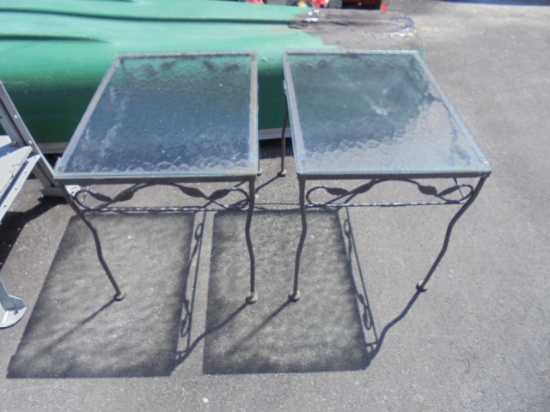 2 Matching Glass Top Steel Patio Side Tables
