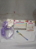 Purple Headbands x2, 5 Fashion chokers, 15 pair earrings, pen