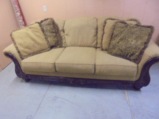 Beautiful Tan Sofa w/ Ornate Wooden Trim & Accent Pillows