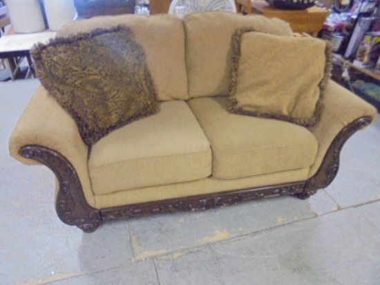 Beautiful Tan Loveseat w/ Ornate Wood Trim & Accent Pillows
