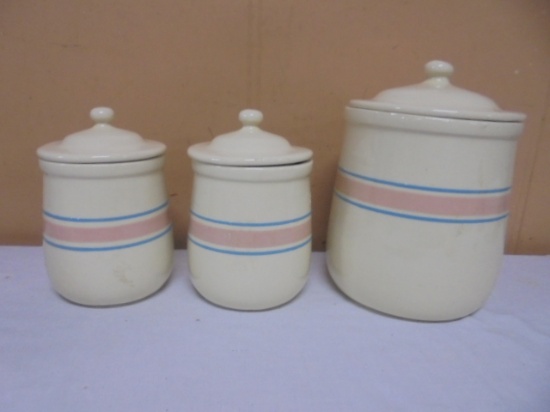 Vintage 3pc McCoy Pink & Blue Stripe Stoneware Canister Set