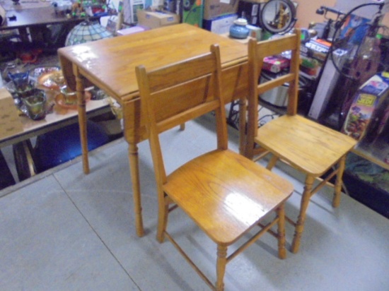 Antique Solid Oak Drop Leaf Table w/ 2 Chairs