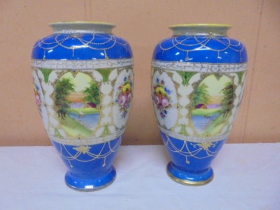 Beautiful Matching Pair of Hand Painted Nipon Large Vases