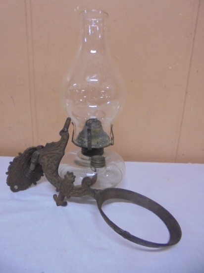 Antique Glass Oil Lamp w/ Cast Iron Wall Bracket
