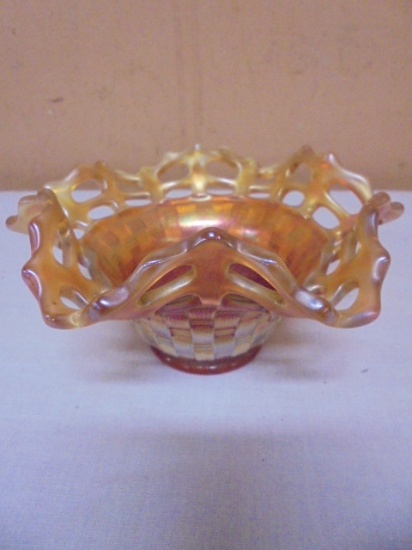 Vintage Fenton Marigold Carnival Glass Basket Weave Open Lace Bowl
