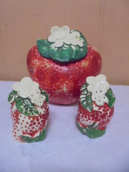 Vintage American Bisque Strawberry Cookie Jar w/ Matching S&P Shakers