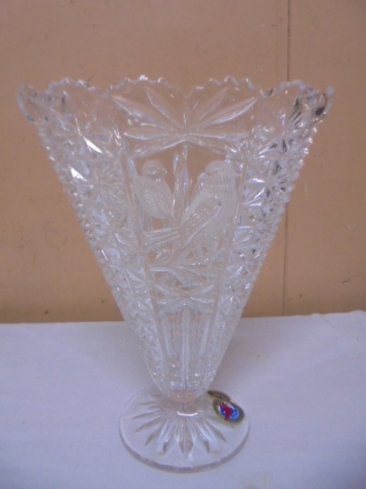 Beautiful Hofbauer Lead Crystal Fan Vase w/ Bird
