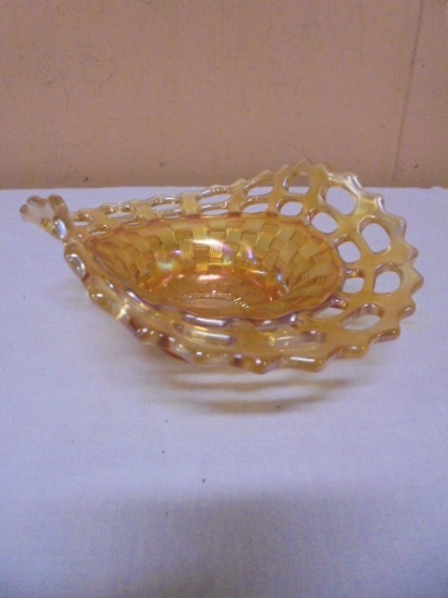 Vintage Fenton Basket Weave Open Edge Marigold Carnival Glass Basket Ball