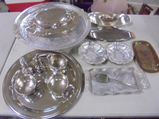 Large Group of Vintage Silver Plate & Hammered Aluminum Pieces