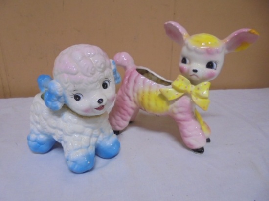 2 Vintage Ceramic Lamb Planters