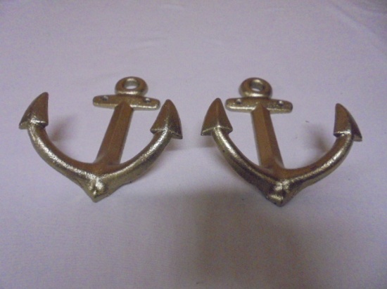 2 Cast Iron GoldPAinted Anchor Wall Hooks