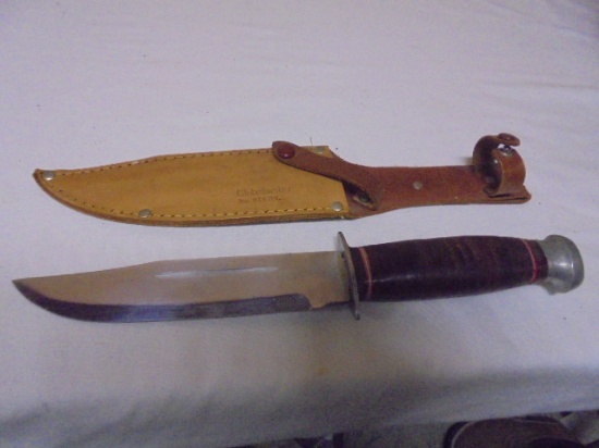 Vintage Globemaster No. 614701 Hunting Knife w/ Leather Stacked Hand & Leather Sheaf
