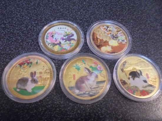 Group of 5 Gold Plated Chinese Tokens