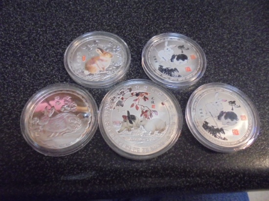 Group of 5 Silver Plated Chinese Tokens