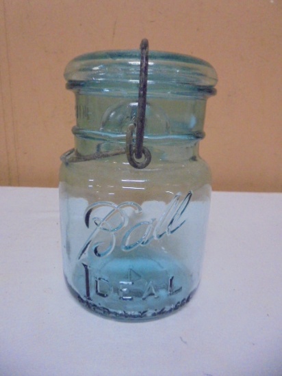 Blue Glass Ball Pint Jar w/ Glass Lid