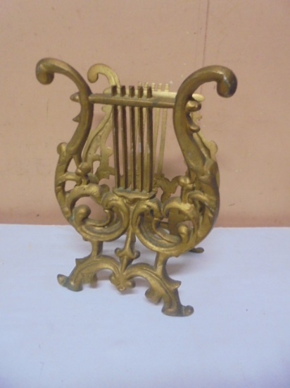 Vintage MCM Lyre Harp Gold Tone Metal Magazine Stand