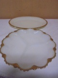 Vintage Fire King Round Divided Dish w/ Platter w/ Gold Trim