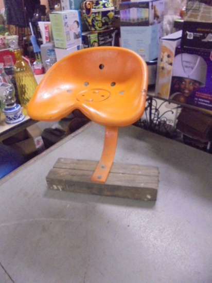 Antique Iron Tractor Seat on Wood Base Stool