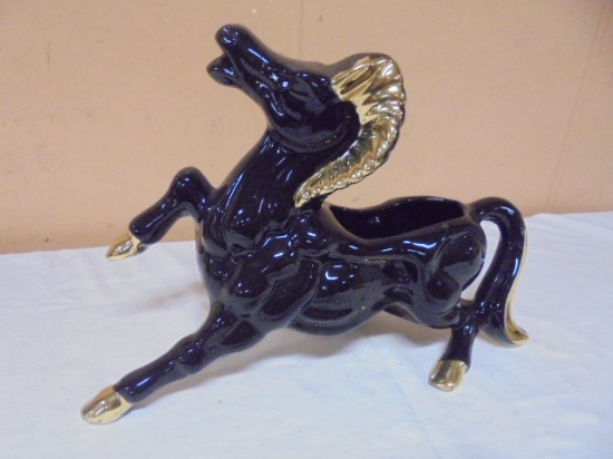 Vintage Black & Gold Ceramic Horse Planter