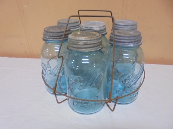 Group of 6 Vintage Blue Glass Ball Canning Jars w/ Zinc Lids in Metal Rack
