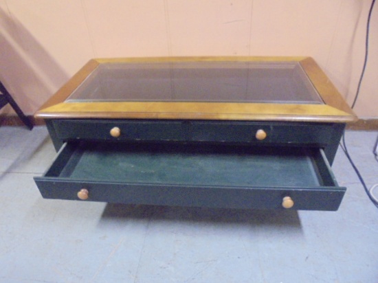 Solid Wood Glass Top Display Case Coffee Table w/ Drawer