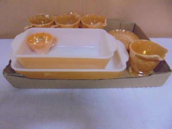 9pc Group of Assorted Fire King Peach Luster Baking Dishes & More