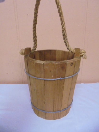 Vintage Wooden Bucket w/ Rope Handle