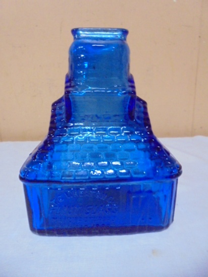 Vintage T.C. Wheaton Co. Flint Glass Manufacturers Blue Glass Log Cabin Bank