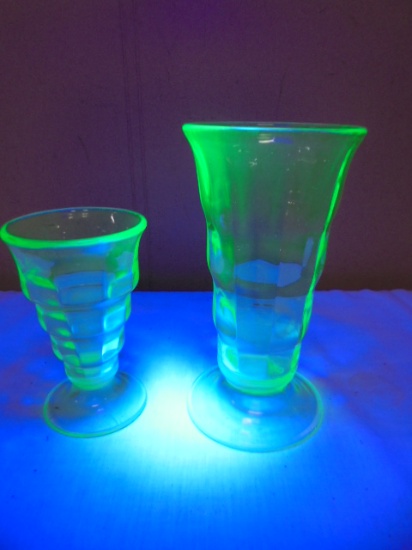 2 Vintage Green Depression Uranium Glass Parfait Glass
