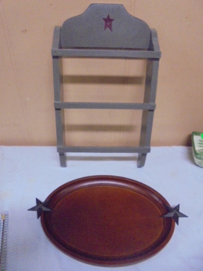 Primitive Style Wooden Kitchen Towel Holder and Wooden Tray