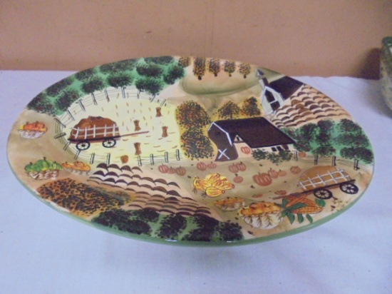 Large Ceramic Farm Scene Serving Tray