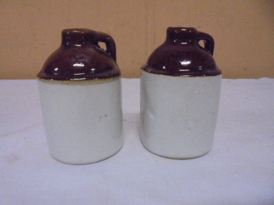 2 Small Brown Over White Crock Jugs