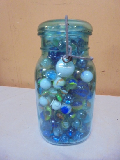 Blue Glass Ball Quart Jar Full of Marbles
