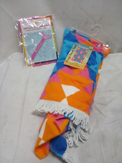 2Pc Pool Lot- 1 Fringe Aztec Print Beach Towel, 1 Inflatable Mermaid Tail