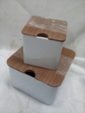 3Pc Set of White Metal Storage Tins w/ Wooden Lids (2 Small Are Stacked)