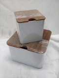 3Pc Set of White Metal Storage Tins w/ Wooden Lids (2 Small Are Stacked)