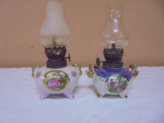 2 Vintage Porcelain Glass Chimney Minature Oil Lamps
