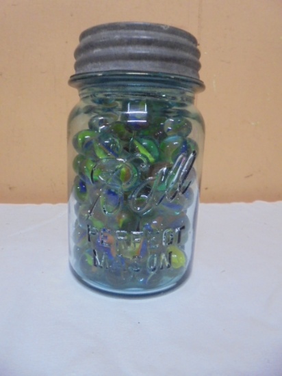 Vintage Blue Glass Ball Pint Jar Full of Marbles