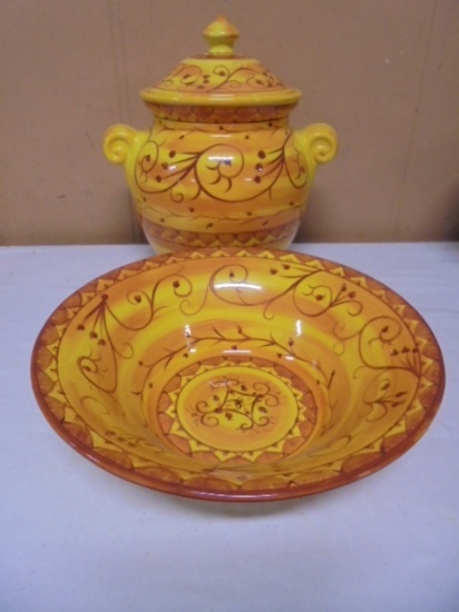 Pier 1 Hand Painted Earthenware Cannister & Matching Bowl