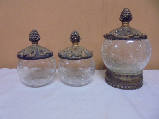 Beautiful 3pc Set of Covered Crackle Glass Jars